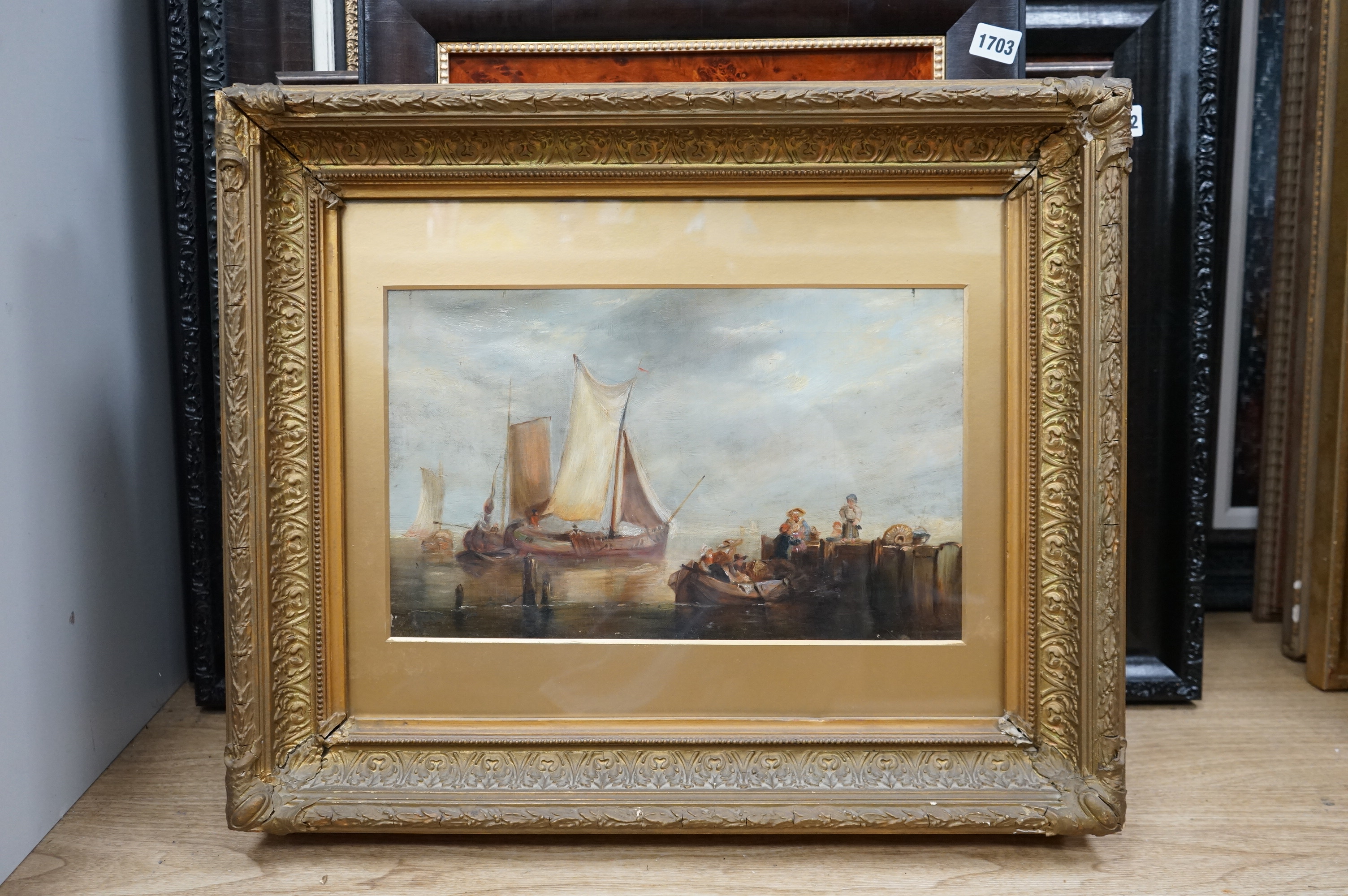 Late 19th century, English School, oil on canvas, Shipping scene with figures, unsigned, 25 x 39cm, ornate gilt frame